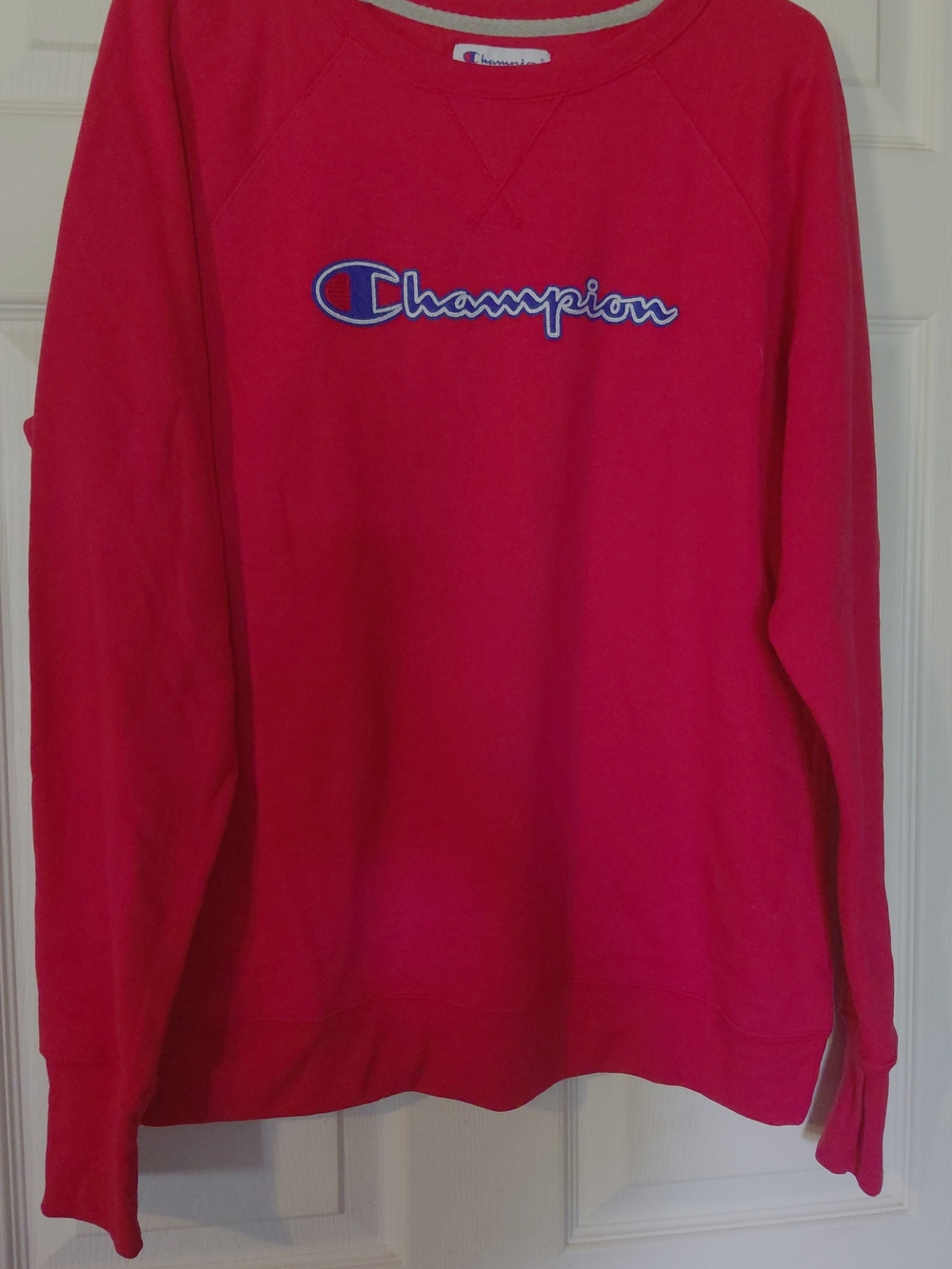 Champion Men's Crewneck Sweatshirt in Bright Pink with Blue Logo